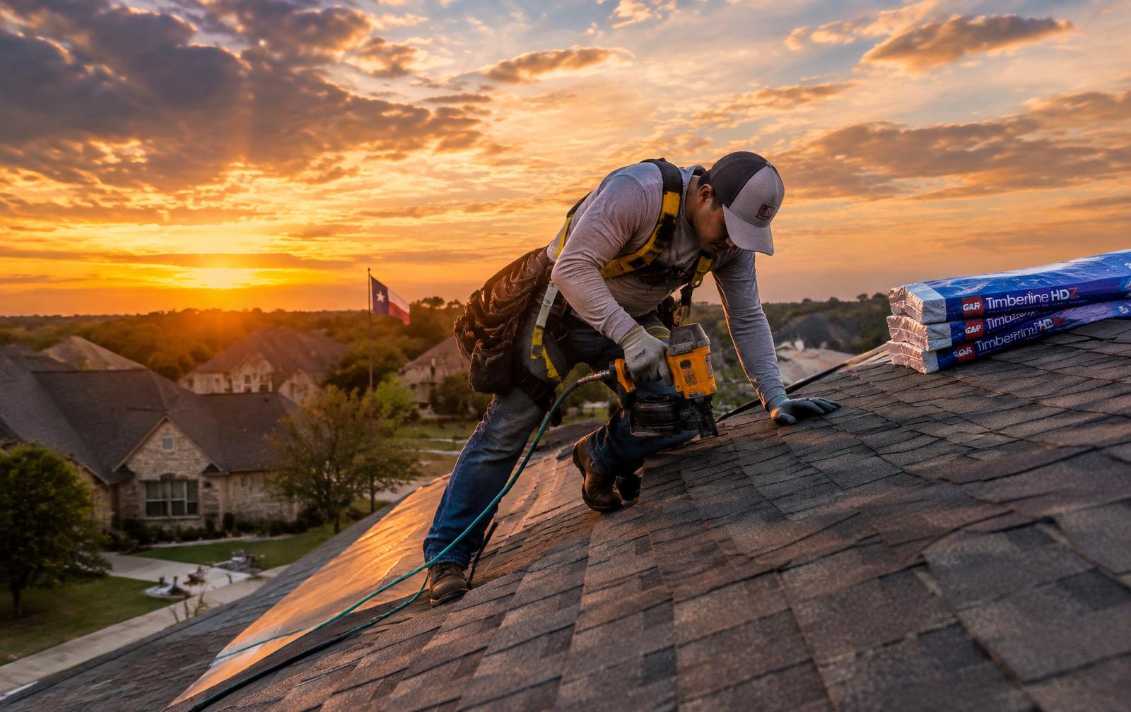 Franco Roofing crew installing new shingles on a San Antonio home